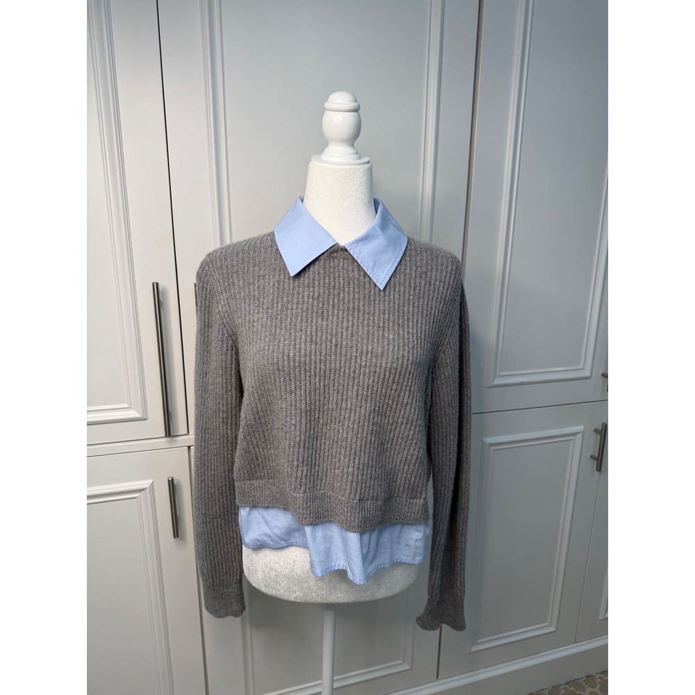 Sandro Mixed Media Sweater Womens Medium Grey Blue Excellent Ribbed Layered